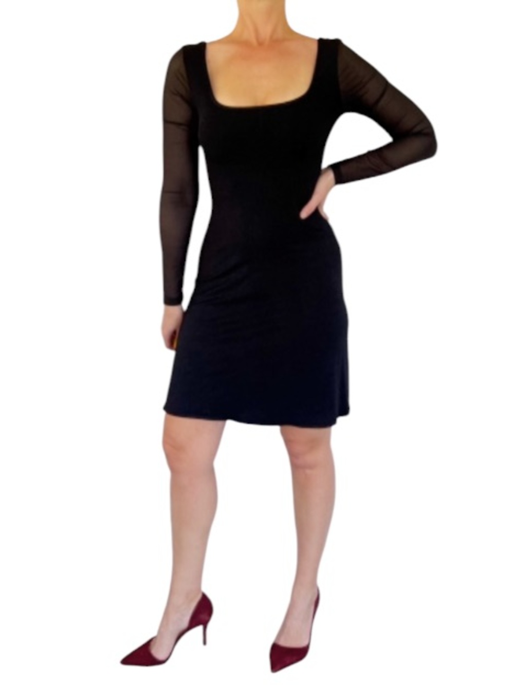 Michel Stephén Paris black long mesh sleeve square neck knee length dress medium